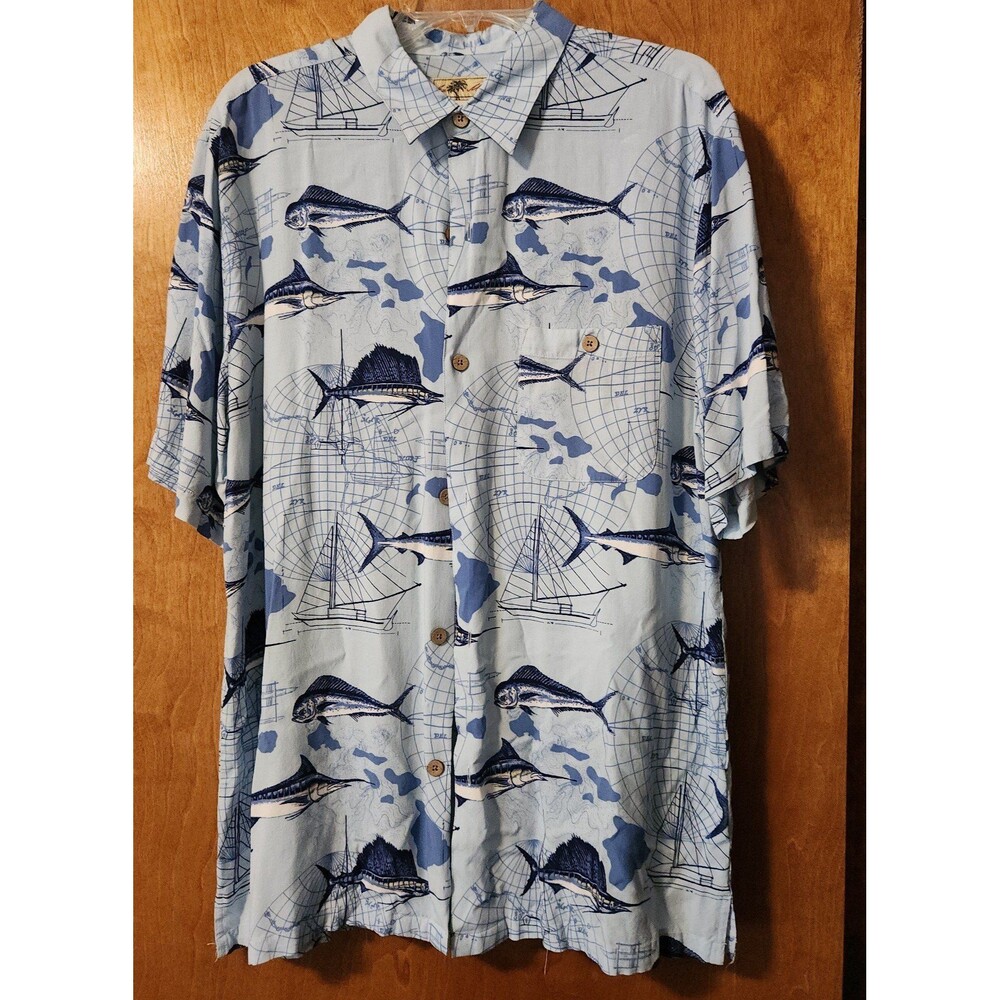 Joe Marlin Button Up Shirt Men’s Large L Blue Fishing Short Sleeves Pocket Rayon